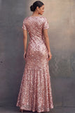 English Rose Sparkly Sequined Sheath Square Neck Long Wedding Guest Dress