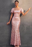 English Rose Sparkly Sequined Sheath Square Neck Long Wedding Guest Dress