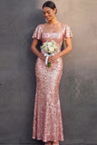 English Rose Sparkly Sequined Sheath Square Neck Long Wedding Guest Dress