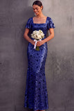 English Rose Sparkly Sequined Sheath Square Neck Long Wedding Guest Dress