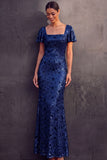 English Rose Sparkly Sequined Sheath Square Neck Long Wedding Guest Dress