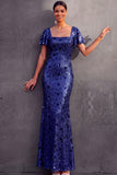 English Rose Sparkly Sequined Sheath Square Neck Long Wedding Guest Dress