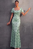 English Rose Sparkly Sequined Sheath Square Neck Long Wedding Guest Dress
