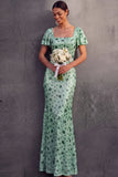 English Rose Sparkly Sequined Sheath Square Neck Long Wedding Guest Dress