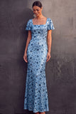 English Rose Sparkly Sequined Sheath Square Neck Long Wedding Guest Dress