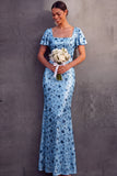 English Rose Sparkly Sequined Sheath Square Neck Long Wedding Guest Dress