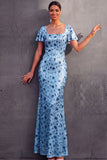 English Rose Sparkly Sequined Sheath Square Neck Long Wedding Guest Dress