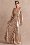 Long Sleeves Sparkly Champagne V Neck Sheath Long Wedding Guest Dress