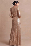 Long Sleeves Sparkly Champagne V Neck Sheath Long Wedding Guest Dress