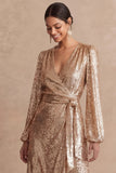 Long Sleeves Sparkly Champagne V Neck Sheath Long Wedding Guest Dress