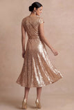 Sparkly Champagne V Neck A Line Midi Wedding Guest Dress with Slit