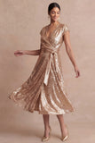 Sparkly Champagne V Neck A Line Midi Wedding Guest Dress with Slit