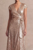Sparkly Champagne V Neck A Line Midi Wedding Guest Dress with Slit