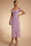 Lilac Chiffon Midi Ruched Sheath Wedding Guest Dress with Drape