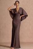 Chocolate Mermaid Satin Long Mother of the Bride Dress with Cape