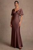 Chocolate V Neck Satin Mermaid Ruched Long Wedding Guest Dress
