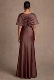 Chocolate V Neck Satin Mermaid Ruched Long Wedding Guest Dress