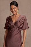 Chocolate V Neck Satin Mermaid Ruched Long Wedding Guest Dress