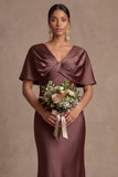 Chocolate V Neck Satin Mermaid Ruched Long Wedding Guest Dress