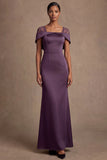 Satin Purple Sheath Off the Shoulder Long Formal Dress