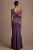 Satin Purple Sheath Off the Shoulder Long Formal Dress