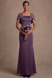 Satin Purple Sheath Off the Shoulder Long Formal Dress