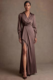 Chocolate Sheath Satin V Neck Ruched Long Mother of the Bride Dress