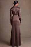 Chocolate Sheath Satin V Neck Ruched Long Mother of the Bride Dress