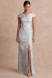 Dusty Blue Floral Sheath Jacquard Long Formal Dress with Slit
