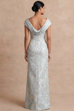 Dusty Blue Floral Sheath Jacquard Long Formal Dress with Slit