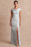 Dusty Blue Floral Sheath Jacquard Long Formal Dress with Slit