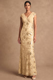 Sheath V Neck Floral Yellow Appliqued Long Formal Dress