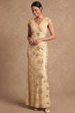 Sheath V Neck Floral Yellow Appliqued Long Formal Dress