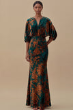 Floral Mermaid Blue V Neck Puff Sleeves Long Wedding Guest Dress
