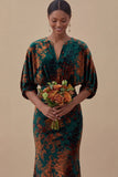 Floral Mermaid Blue V Neck Puff Sleeves Long Wedding Guest Dress
