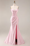 Pink Satin Mermaid Ruched Long Prom Dress with Slit