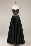 A Line Black Corset Pleated Long Prom Dress