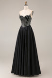 A Line Black Corset Pleated Long Prom Dress