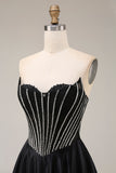 A Line Black Corset Pleated Long Prom Dress