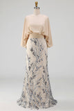 Sparkly Champagne Sequined Satin Bateau Neck Mother of the Bride Dress
