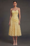 Lace Yellow Floral Sweetheart A Line Midi Wedding Guest Dress