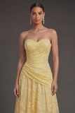 Lace Yellow Floral Sweetheart A Line Midi Wedding Guest Dress