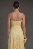 Lace Yellow Floral Sweetheart A Line Midi Wedding Guest Dress