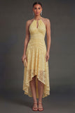 Yellow Halter Neck A Line Lace Floral High Low Wedding Guest Dress