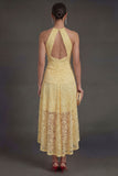 Yellow Halter Neck A Line Lace Floral High Low Wedding Guest Dress