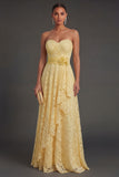 Yellow Sweetheart Ruffled A Line Long Wedding Guest Dress