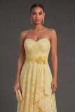 Yellow Sweetheart Ruffled A Line Long Wedding Guest Dress