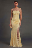 Mermaid Lace Yellow Strapless Ruched Long Wedding Guest Dress