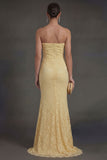 Mermaid Lace Yellow Strapless Ruched Long Wedding Guest Dress