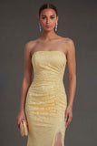 Mermaid Lace Yellow Strapless Ruched Long Wedding Guest Dress